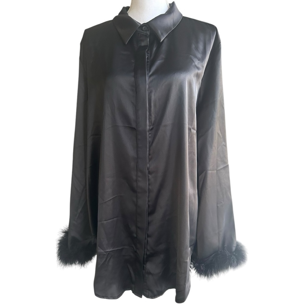 Fashion Nova Black Satin Blouse with Feather Details